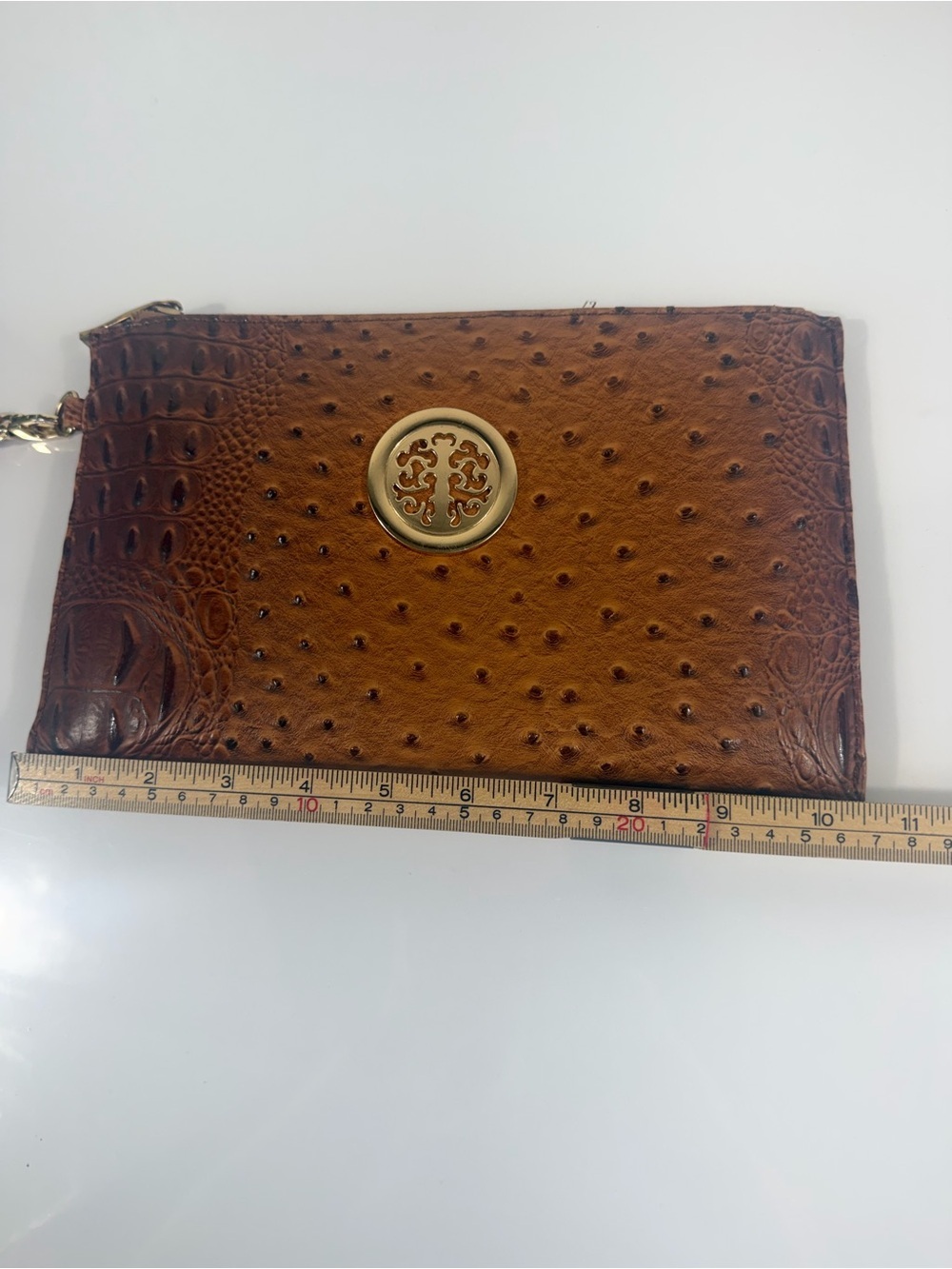 Brown Ostrich Croc Embossed Wristlet Clutch with Gold-Tone Medallion - Picture 7 of 7